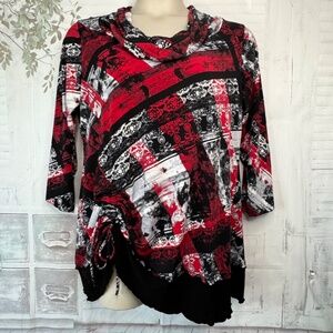 STYLE & CO Womens Black Red White Cowl Neckline Drawstring Top Blouse Sz. 0x